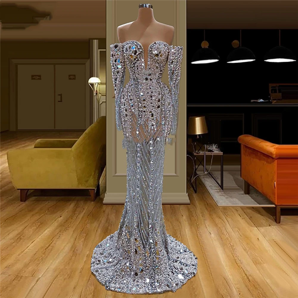 Off Shoulder Full Beaded Evening Dress Handmade Pearls Crystals Saudi Arabia Party Dresses See Through Prom Dress Robe De Soiree