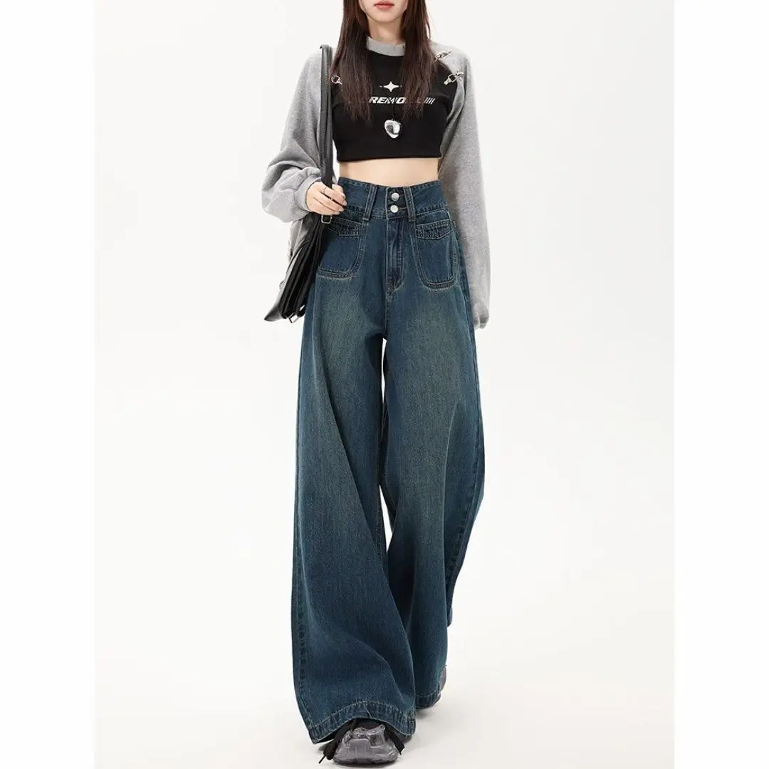 

drapey wide-leg jeans for women, high-waisted, loose, slimming, drapey, floor-length straight pants for petite individuals
