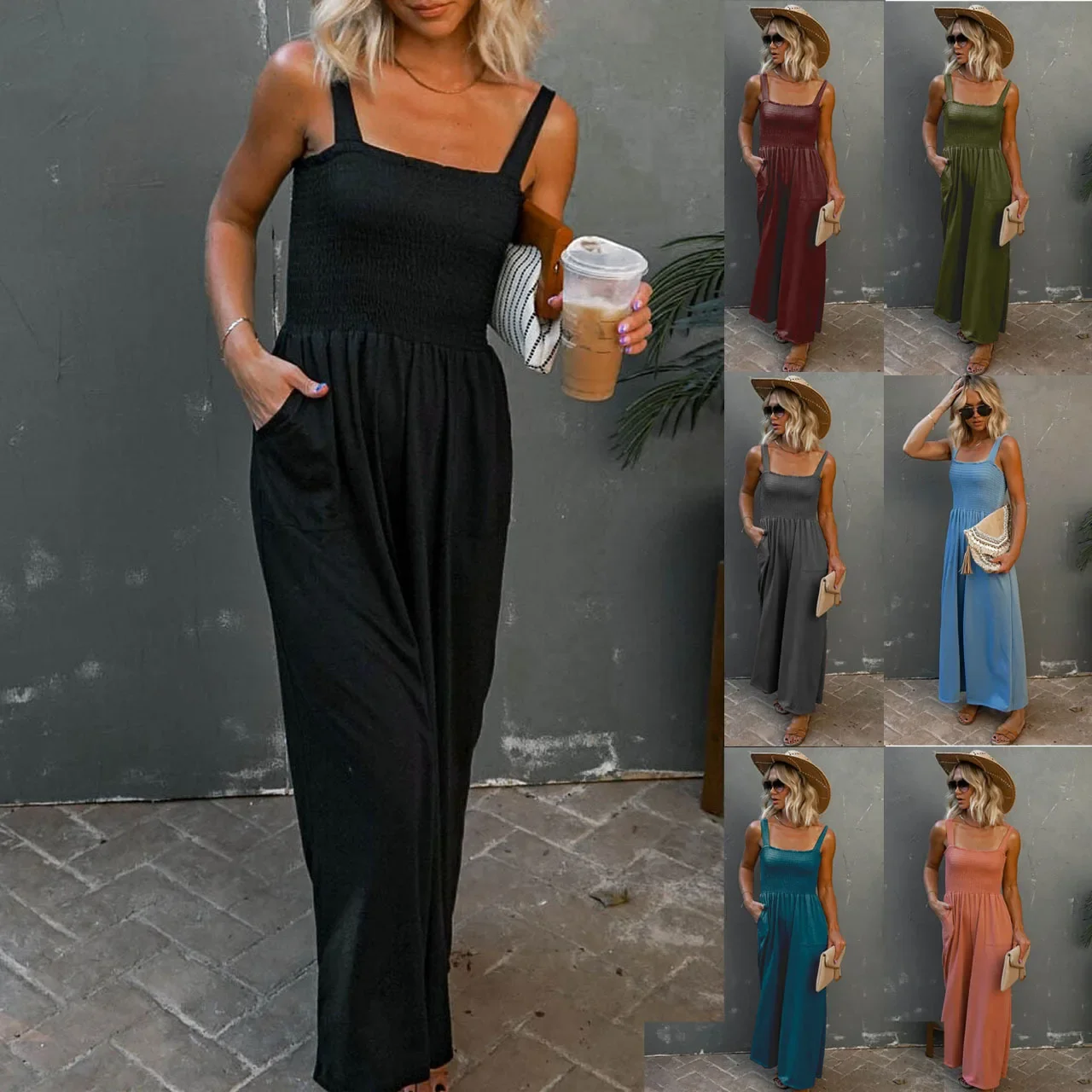 女性の新しいカジュアルワイドレッグオーバーオールパンツ女性のポケットルーズジャンプスーツ休暇マルチカラーストラップノースリーブ