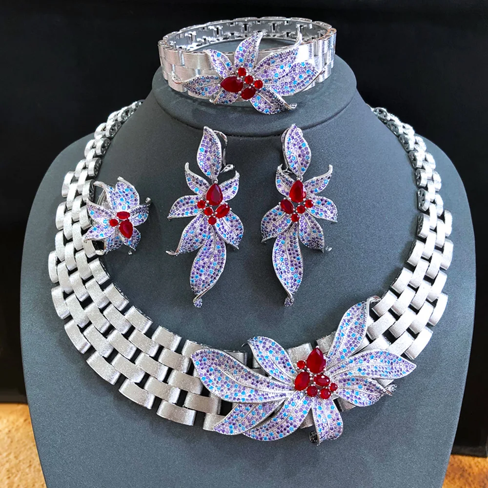 GODKI Luxury FLower Floral 4PCS DUBAI Jewelry Sets For Women Wedding Cubic Zircon Crystal CZ Indian African Bridal Jewelry Sets