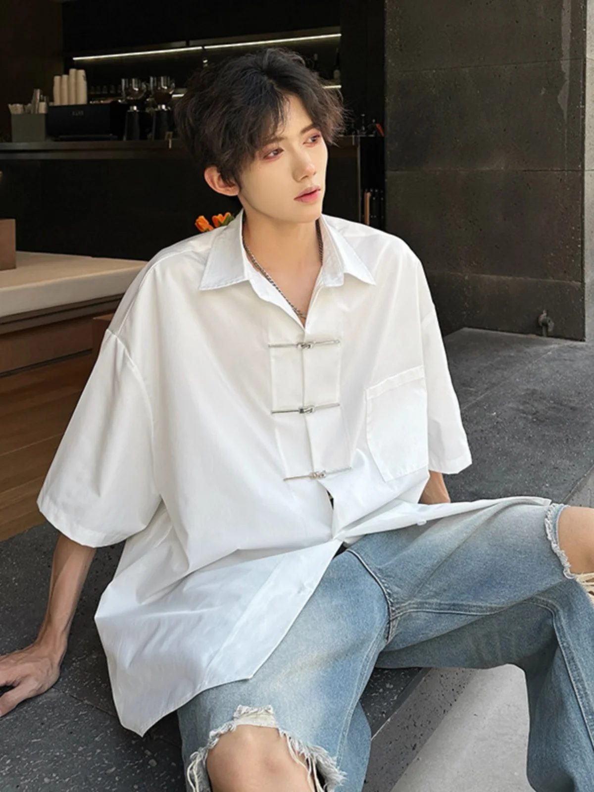 

Cleanfit Color ort Sve Men's irt Summer Youth Sle Ice Silk Button up Traditional Chinese Tang Costume Top