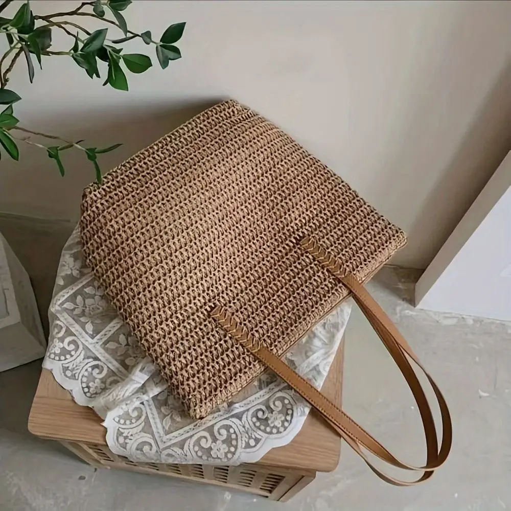 Bolso Tote de Paja Tejida de Color Sólido Simple con Cremallera, Bolso de Playa de Gran Capacidad Estilo Bohemio, Bolso de Hombro de Rafia para Verano