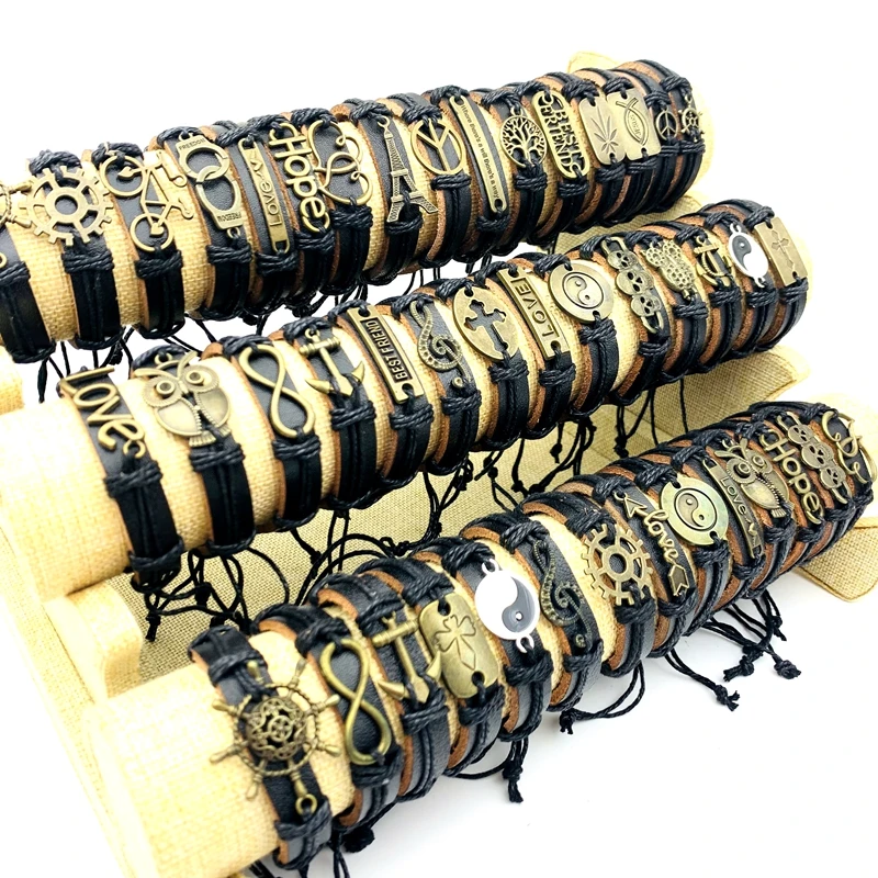 10pcs Leather Cuff Bracelets For Men and Women Handmade Copper Alloy Fashion Jewelry Rope Tie Size Adjustable