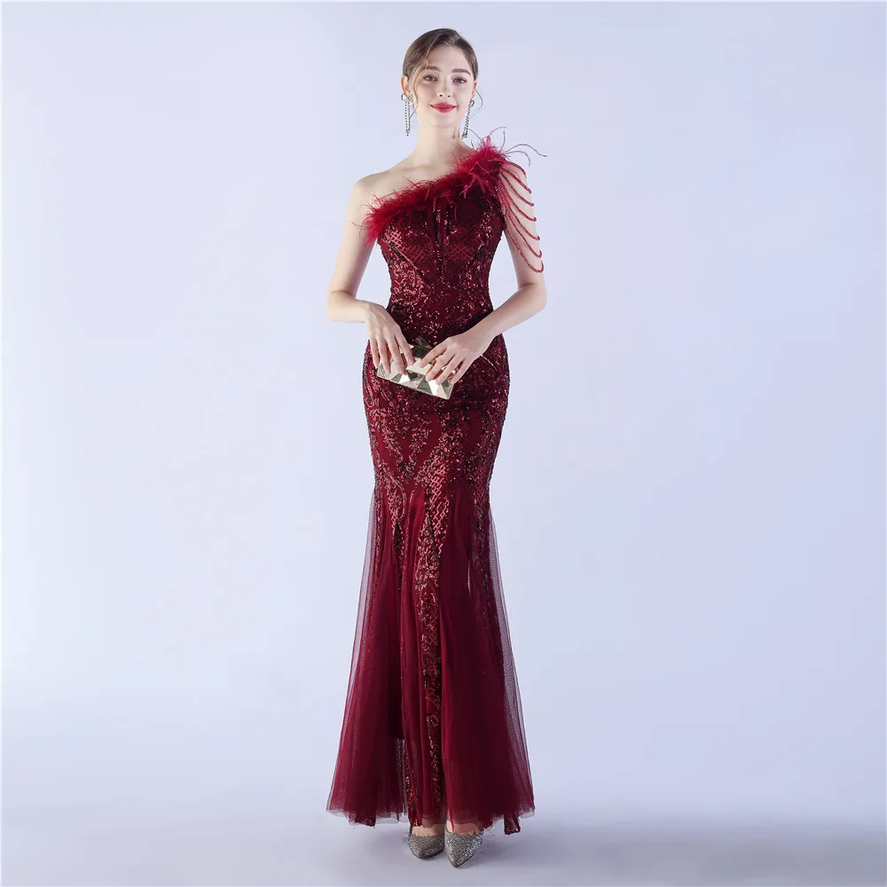 

Robe De Soiree 2023 Burgundy Mermaid Dress Evening One Shoulder Feathers Sequined Long Formal Occasion Gowns Plus Size