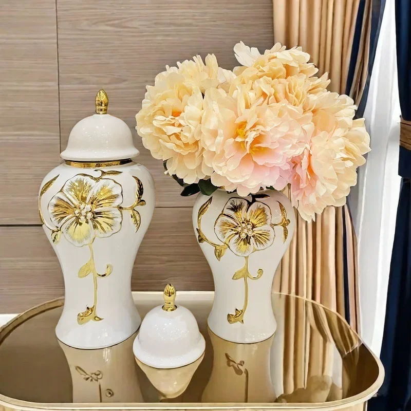 Ceramic Ginger Jar Sealed Storage Tank Flower Vase Decorated Checkmate Jar Golden Embossed Flower Chinese Vintage Bottle