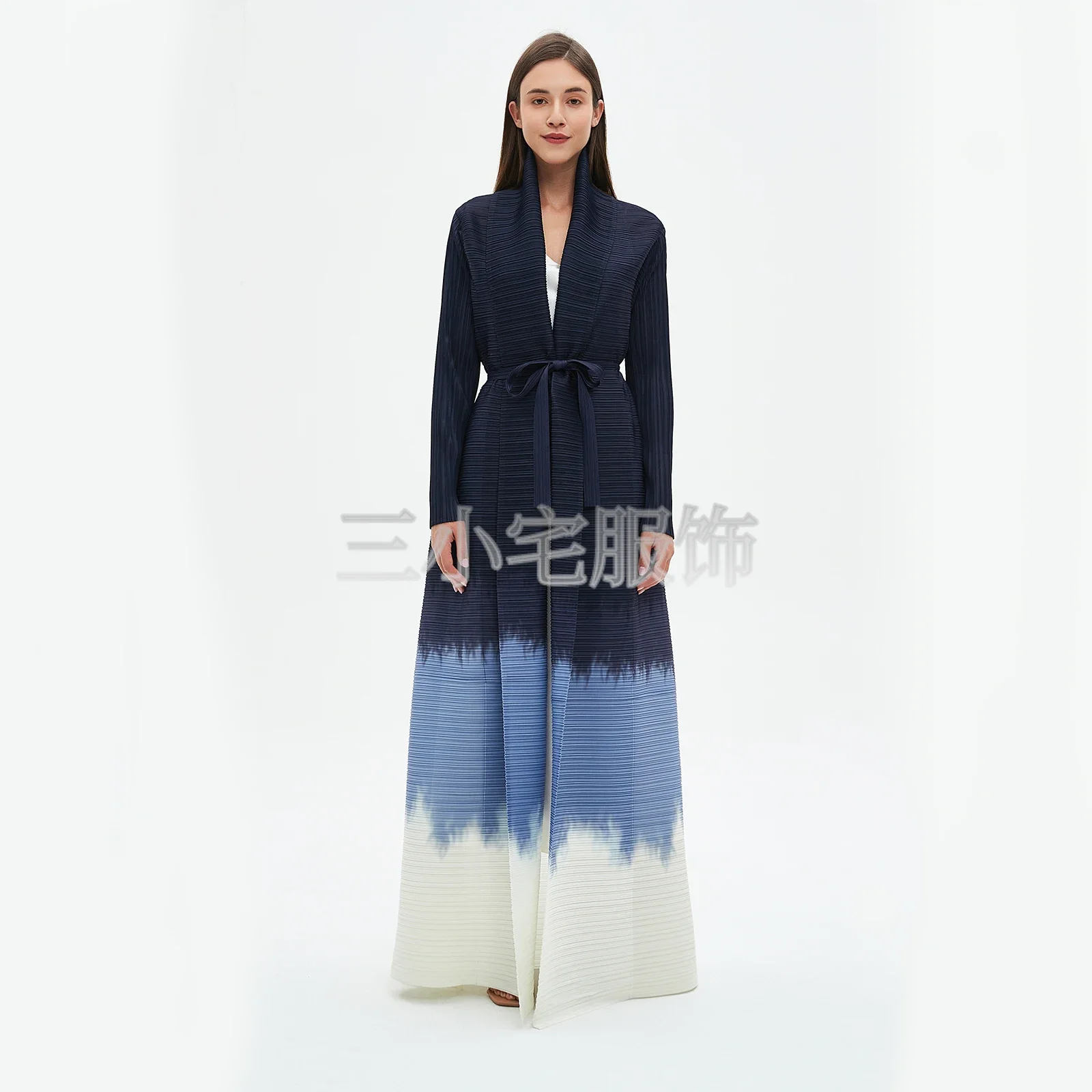 Pleats Robe Long Sleeve Printed Dress Windbreak Women 2024 Winter New Original Designer Abayas Turndown Collar Belted Coats