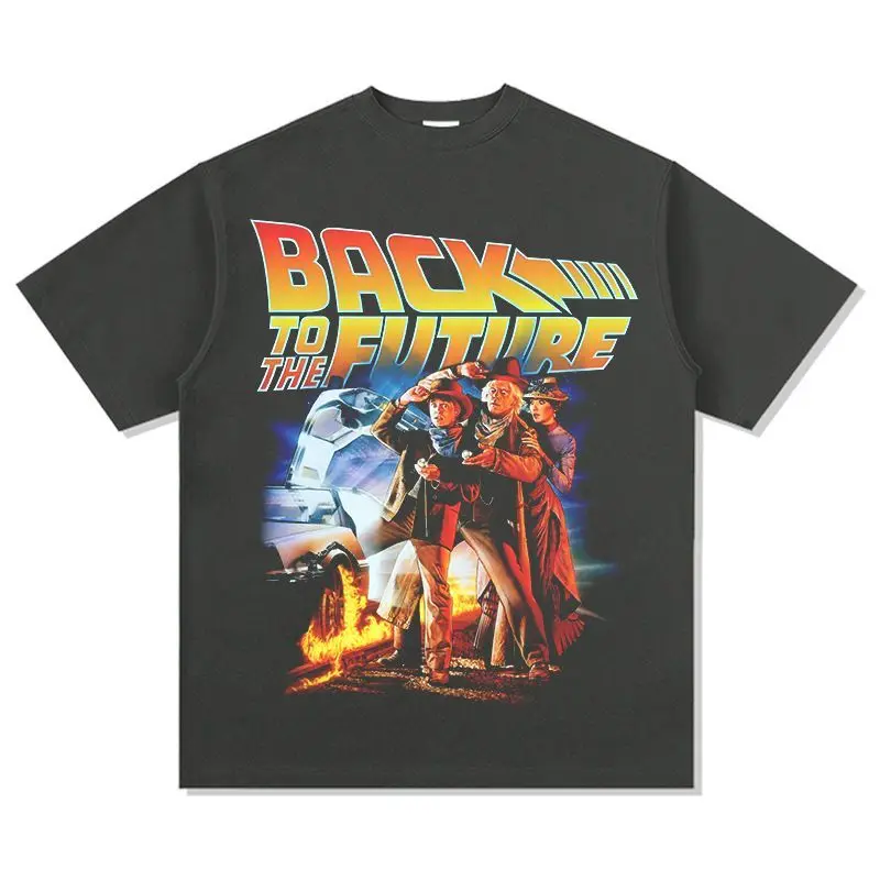 Back To The Future Printed Short-Sleeved T-Shirt - Thick and Loose Cotton Material with Round Neck and Small Collar Opening