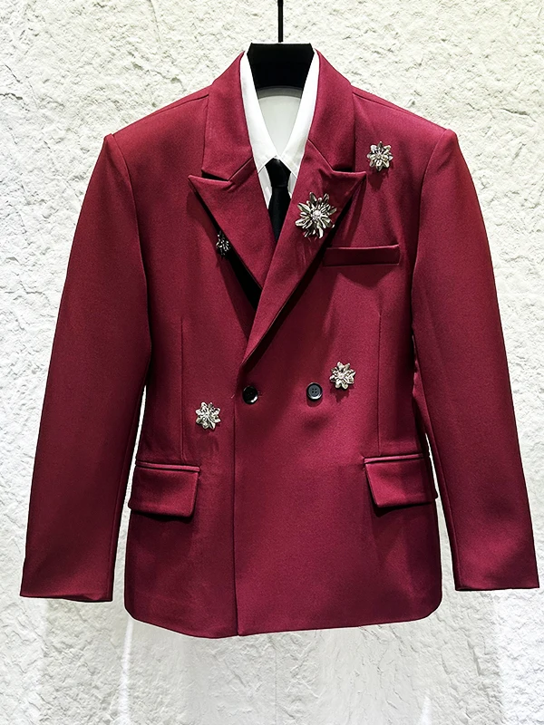 

Новый мужской пиджак с металлическим цветочным декором, легкий, роскошный, модный, для банкетов, с эффектом утяжки на талии, красного цвета, верхняя одежда