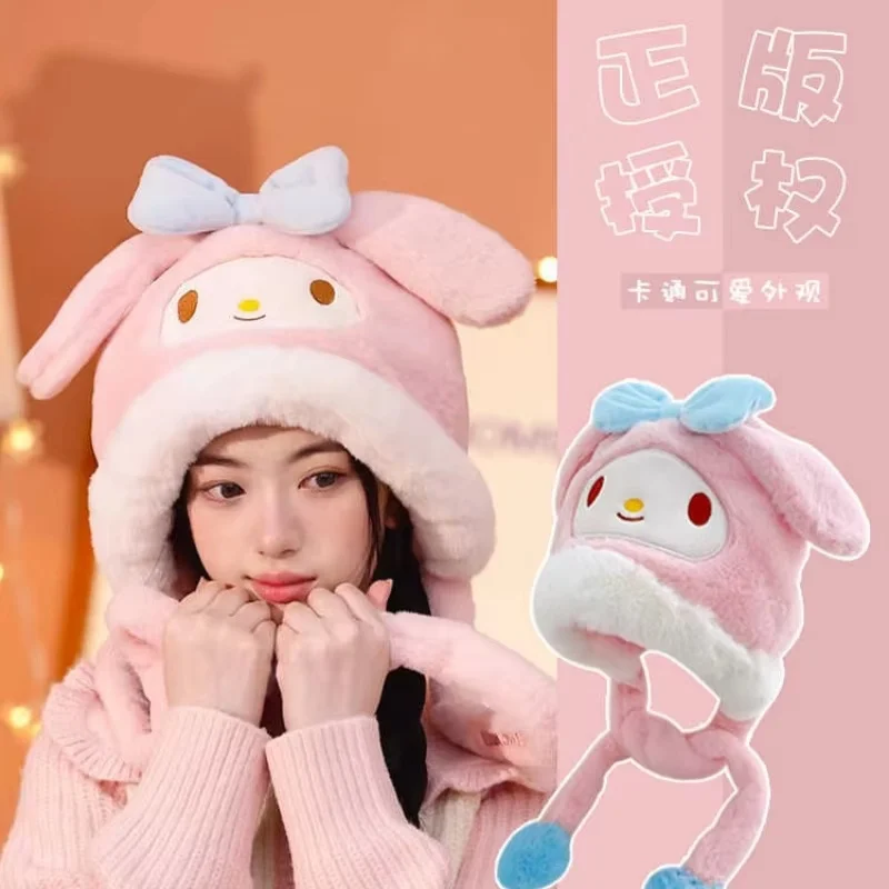 New Sanrio Pochacco Kuromi My Melody Cinnamoroll Ears Will Move Scarf Hat One Cute Warm Fluffyear Cap Kids Xmas Birthday Gift