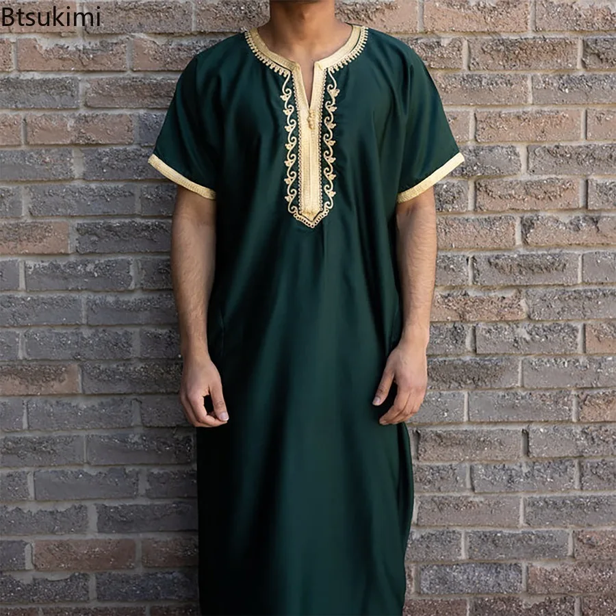 Bordado Abaya Kaftan masculino, roupa muçulmana Jubba Thobe, kaftan marroquino, árabe saudita, roupa islâmica, casual solta, longa, novo, 2024