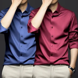 S-5XL Luxury Mens Social Shirt Long Sleeve Solid Silk Smooth Non iron Wrinkle Resistant High Quality Business Formal Dress Shirt