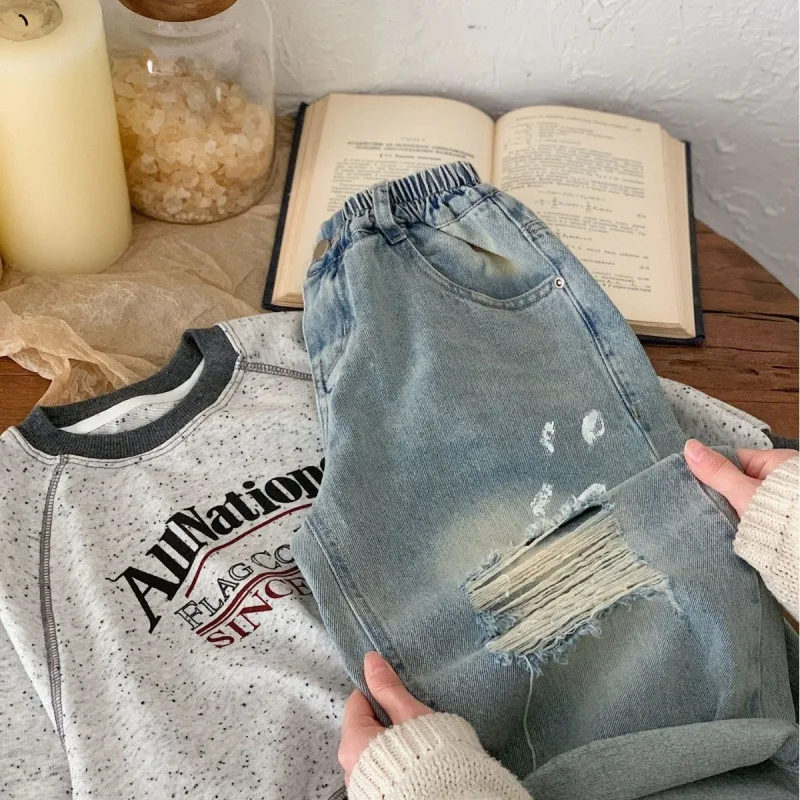 Autumn Little Boy Denim Pants Cotton Ripped Hole Infant Baby Boy Jeans Loose Elastic Waist Toddler Boy Straight Pants 2-7 Years