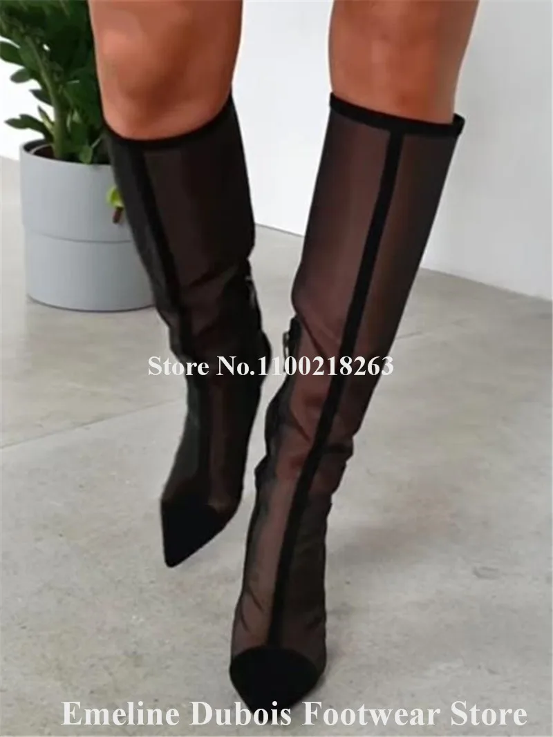 Black Mesh Patchwotk Knee High Boots Emeline Dubois Sexy Pointed Toe Stiletto Heel Long Lace Boots Big Size Dress Heels