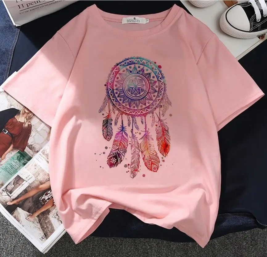 Feather Print T-shirt Female Harajuku Aesthetic Casual Short Sleeve New Summer Fashion Y2k Round Neck T-shirt Oversized T Shirt