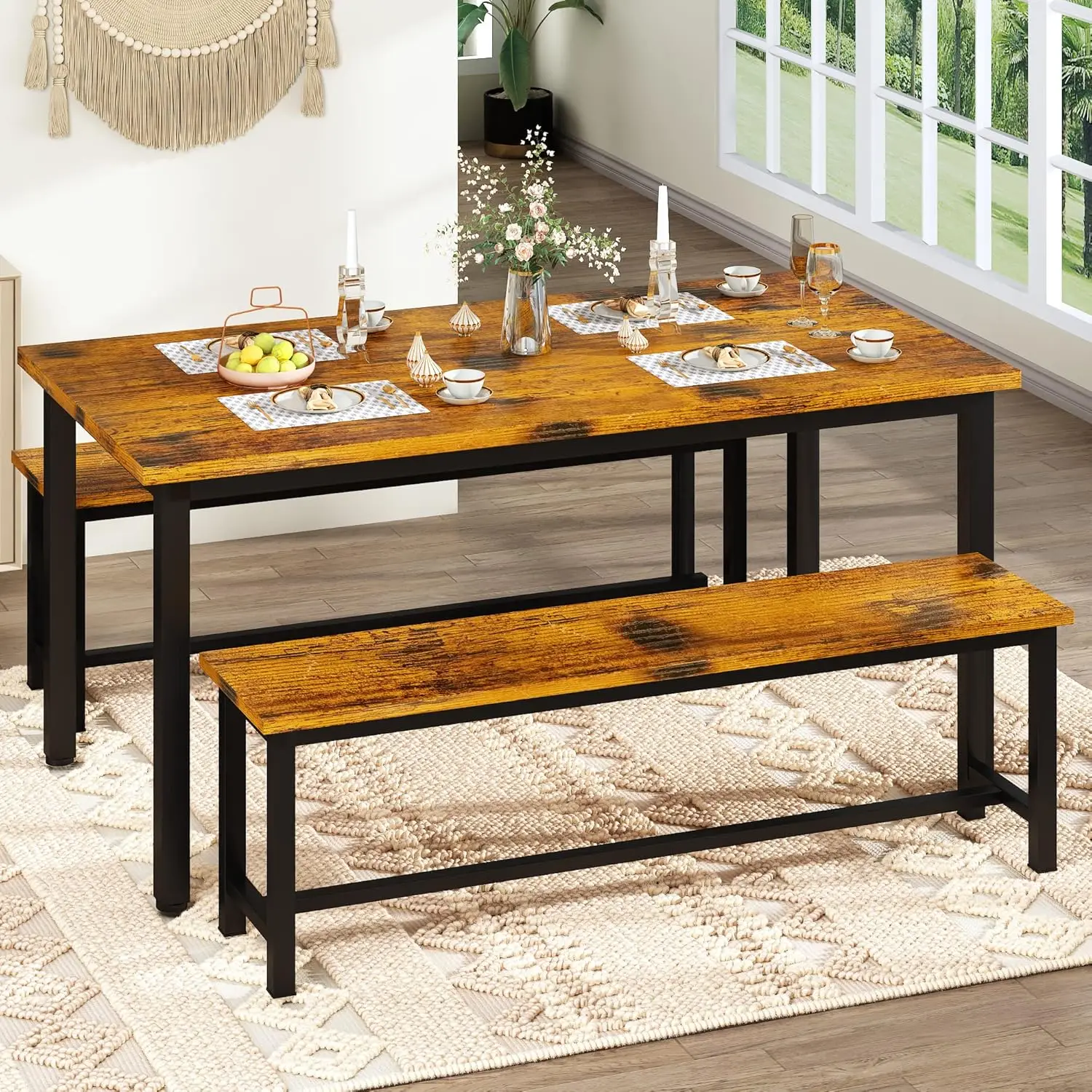 Kitchen Table Set with 2 Benches 4 Person Dining Room Table Set for Home Kitchen, Dining Room, Restaurant, Space Saving,