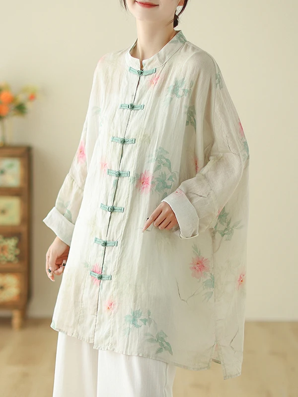 Retro, ręcznie robiony, drukowany, luźny damski kardigan z stójką, o średniej długości, zapinany na guziki, chroniący przed słońcem, modny na wiosnę i lato.