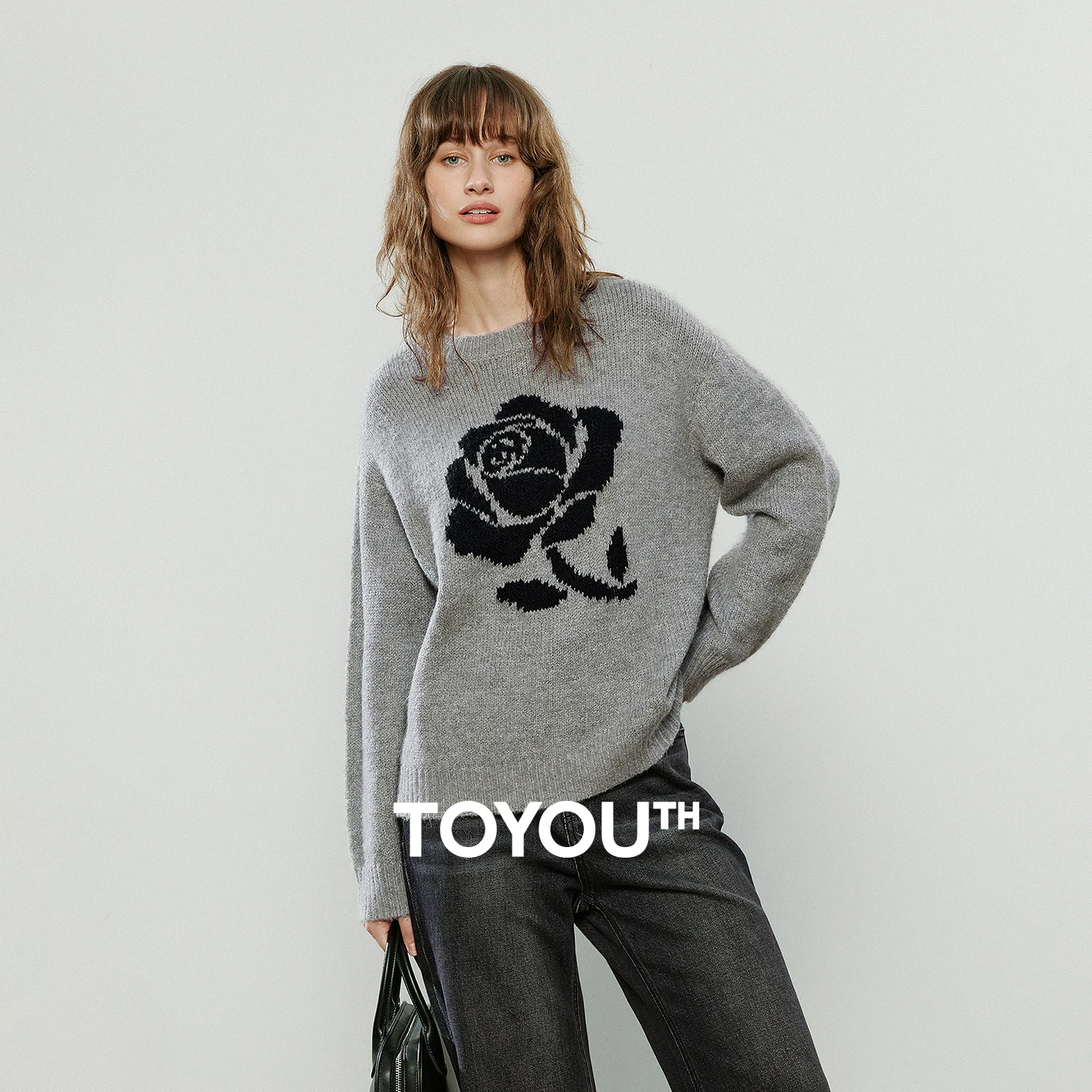

TOYOUTH Women Sweaters 2025 Winter New Rose Jacquard Wool-blend Retro Crew-neck Loose Drop-shoulder Tops