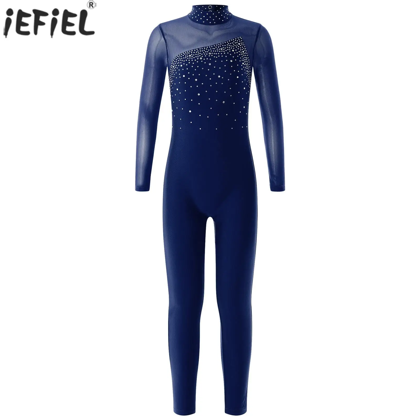 Kids Girls Gymnastics Ballet Dance Leotard Long Sleeve Rhinestone Bodysuit Workout Yoga Skating Acrobatics Performance Dancewear