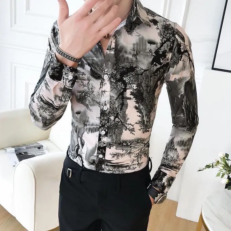Spring Summer Korean Fashion Trend Fashion Printing Shirt Men Long Sleeve Csual All-match Blouse Homme Vintage Cardigan Top Men