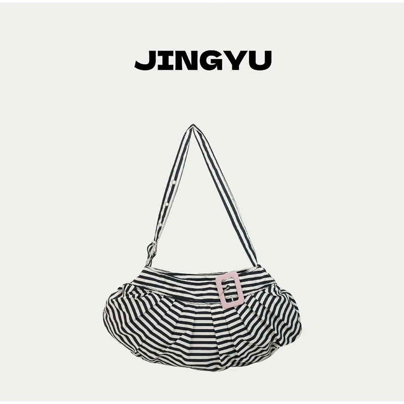 Gestreifte Plissierte Hobo-Canvas-Schultertasche, Vielseitige Damen-Handtasche für den Arbeitsweg, Tägliche Casual-Chic-Handtasche, Leichtgewicht – Detail 14