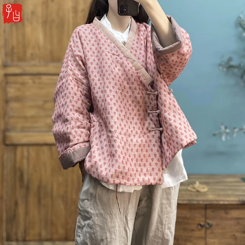 

Retro Chinese Sle Printed Loose Cotton Jaet with Buttoned Side Slits And Cotton Large Size Women's Outerwear