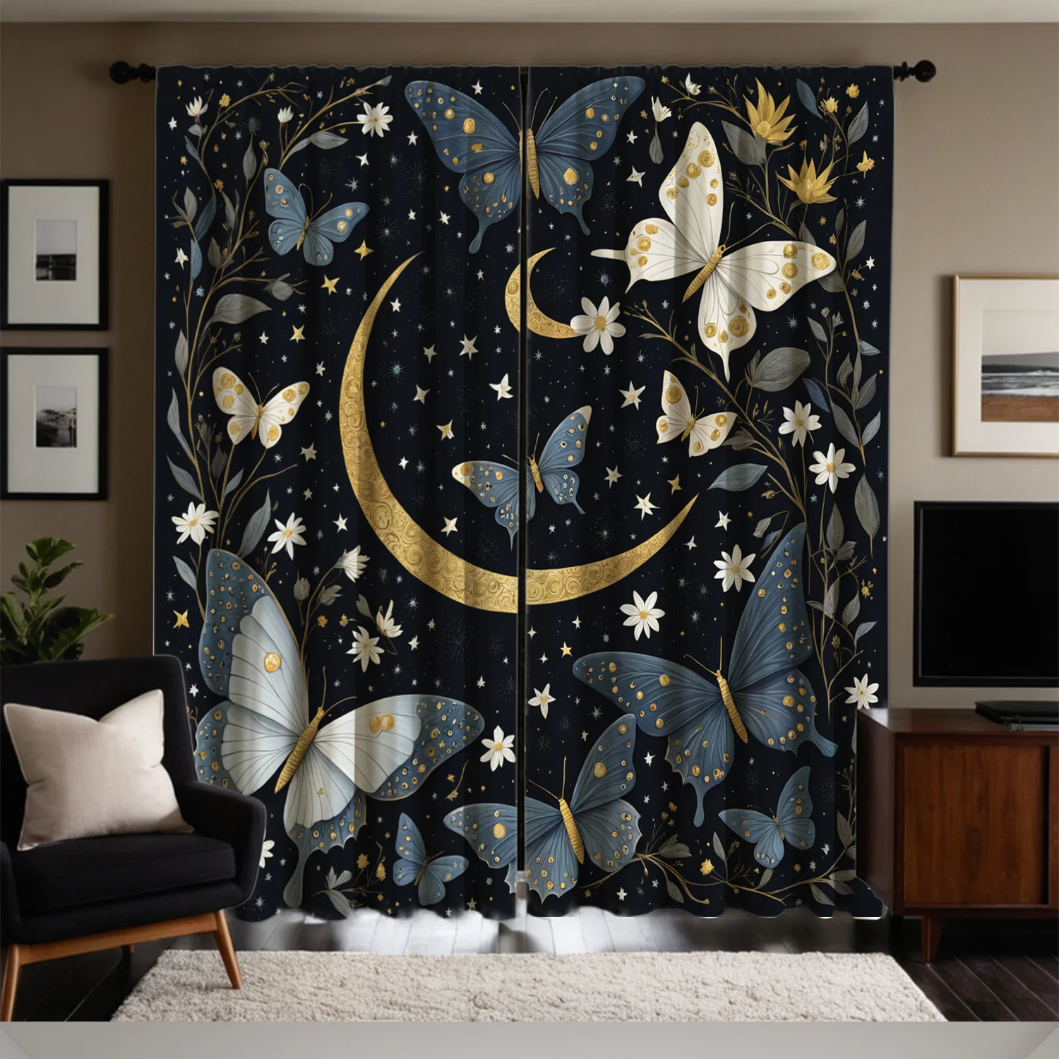 

2pc Curtains with moon and butterfly patterns, made of polyester, machine washable, suitable for living rooms and bedrooms.