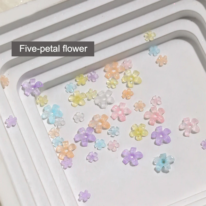 50Pcs Five Petal Flower Nail Art Charms Shine 3D Nail Decoration Macaron Color Manicure Accessories Resin Material DIY