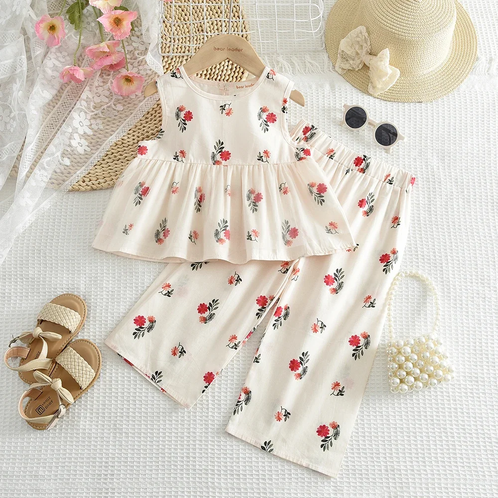 Beige Flower Print Girls' Casual Suit Summer New Round Neck Pleated Vest Top+wide Leg Pants Set Daily Children 3-7 Years Old