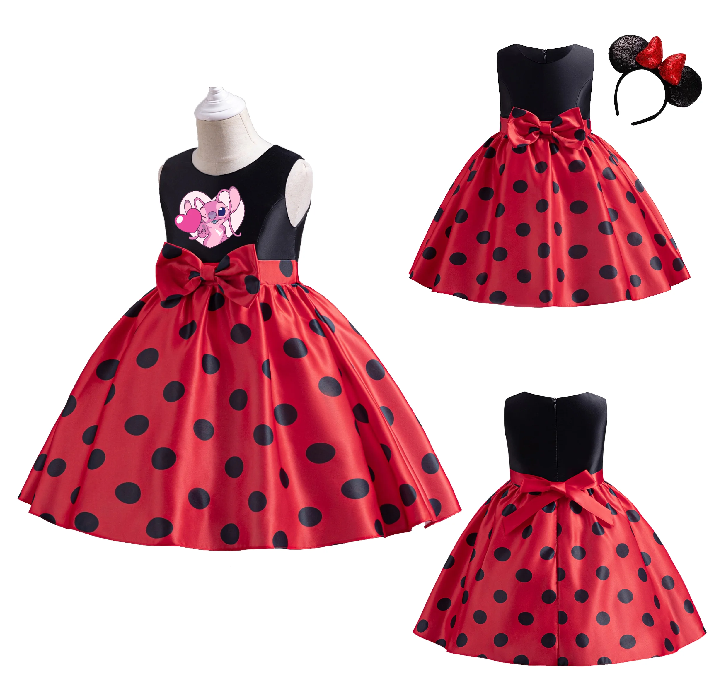 Lilo Stitch Girls Elegant Dress Polka Dot Clothes Princess Tulle Dress Birthday Party with Headband Halloween Costume for girl