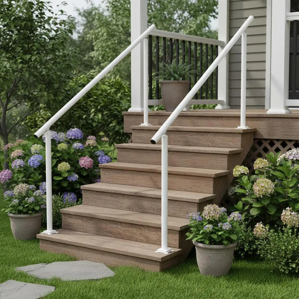 

Exterior Step Balustrade 5 FT For Porch Garden Entrance, 0-5 Steps Adjustable Angle White Aluminum Support Bar Manual Install