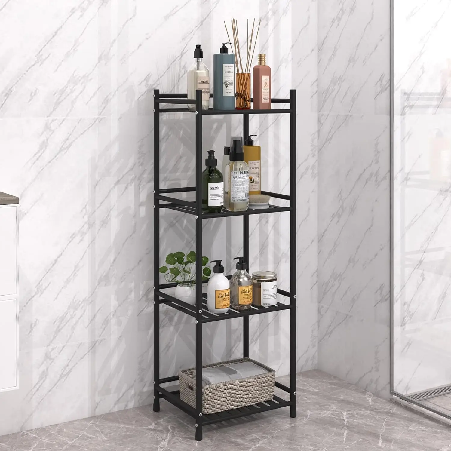 4 Tier Bathroom Storage Open Shelf Unit Free-Standing Metal Corner Rack Shelving for Kitchen Living Room Hallway (Matte Black)