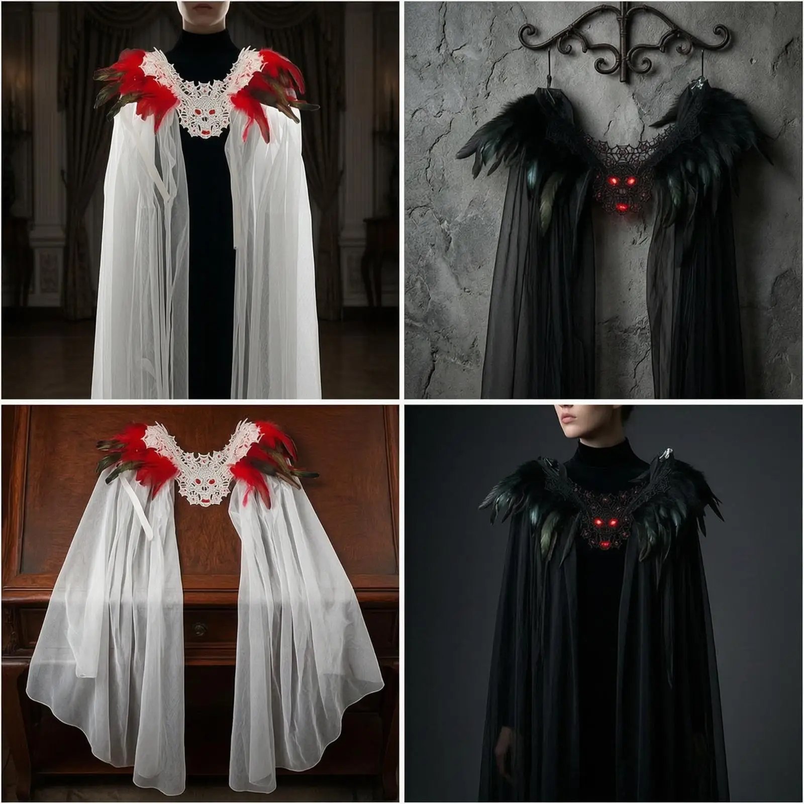 Shoulder Cape with Feathers Theatrical Dark Cape with Death's-Head Layered