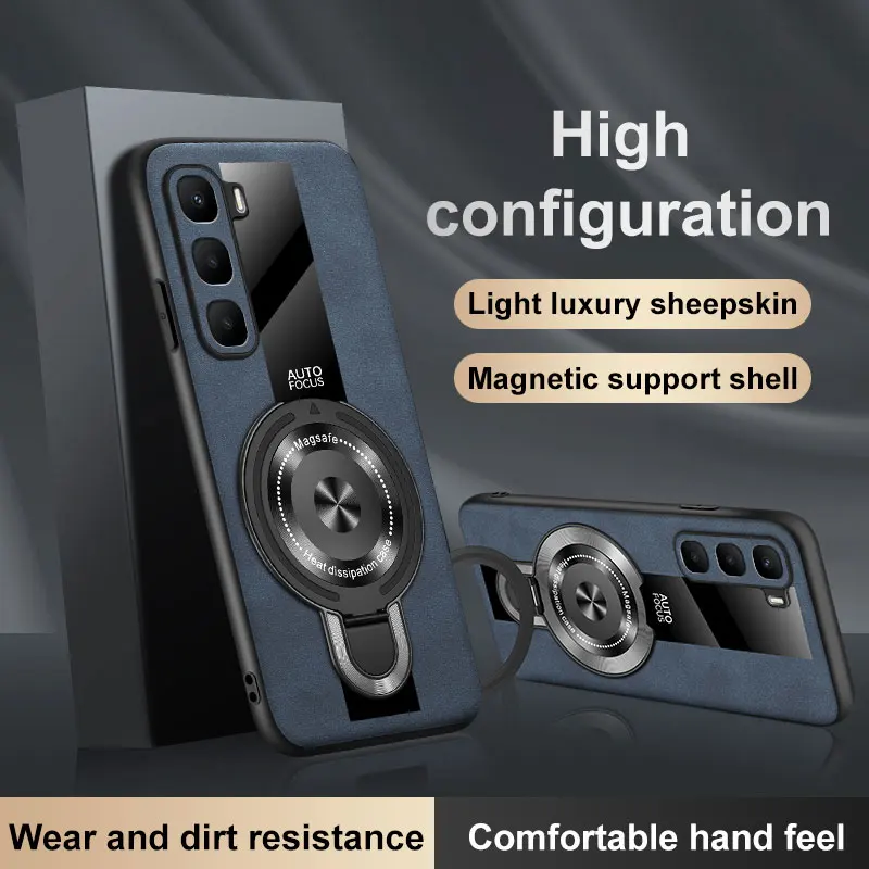 

Чехол-держатель с магнитным кольцом для беспроводной зарядки из искусственной кожи для Infinix Hot 60 60Pro + Plus hot60i, противоударный чехол-кронштейн из овчины