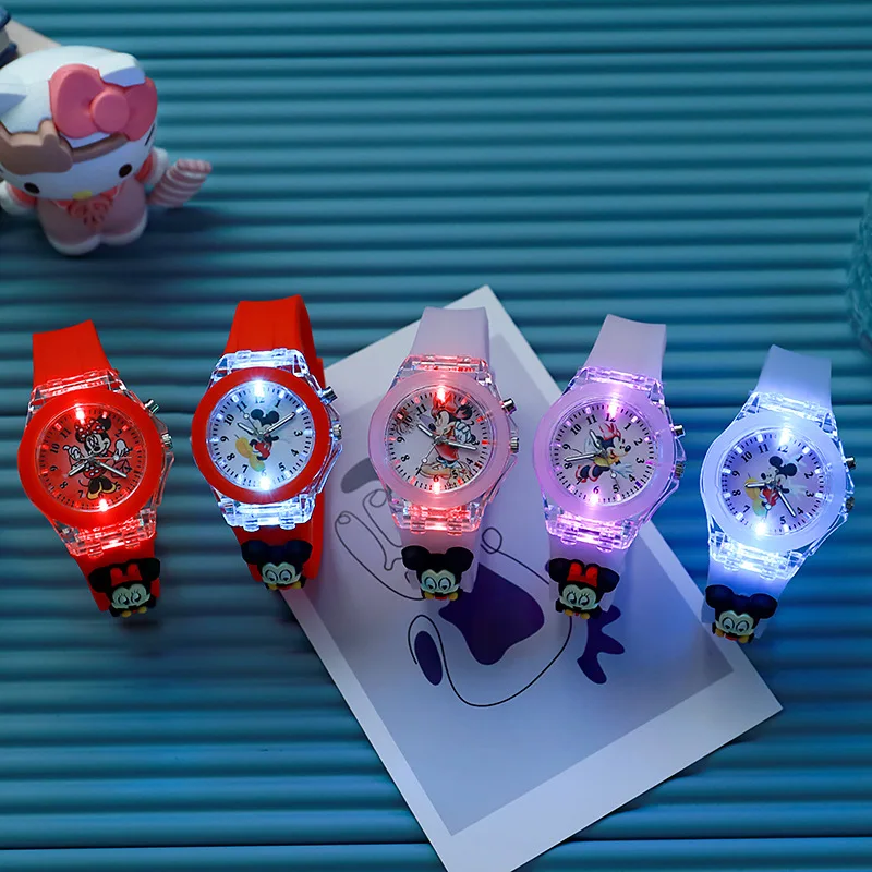 Disney Minnie Mickey Mouse Kids Cute Wristwatch Figurines Luminescent Boys Girls Wrist Watch Lovely Fashion Birthday Party Gifts