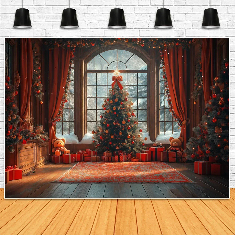 Mocsicka Christmas Photography Background Interior Xmas Tree Bear Gift Box Snow Scene Window Children Photo Backdrop Shoot Props