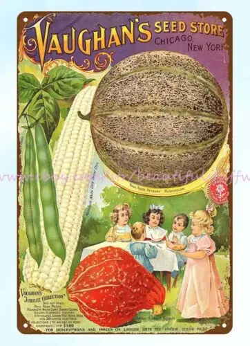 1891 Children eating muskmelon Vaughans seed store gardening metal tin sign