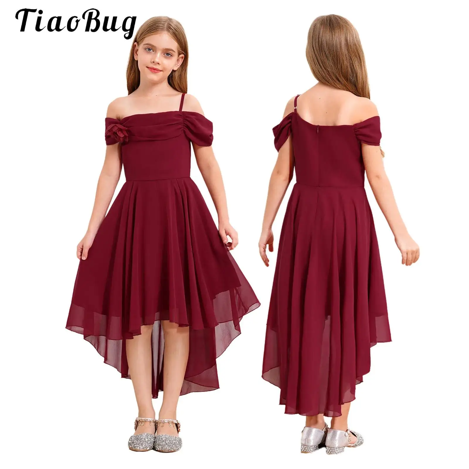 

Girls Elegant Off Shoulder Party Dress Fancy Chiffon Flower Girl Dresses Flutter Sleeves Junior Bridesmaid Dress for Summer