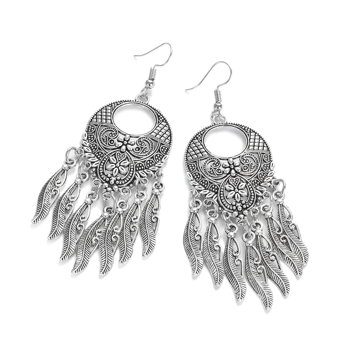 New Fashion Ethnic Silver Color Feather Tassel Jewelry Set Women\'s Vintage Geometric Carved Flower Long Dangle Earrings Sets