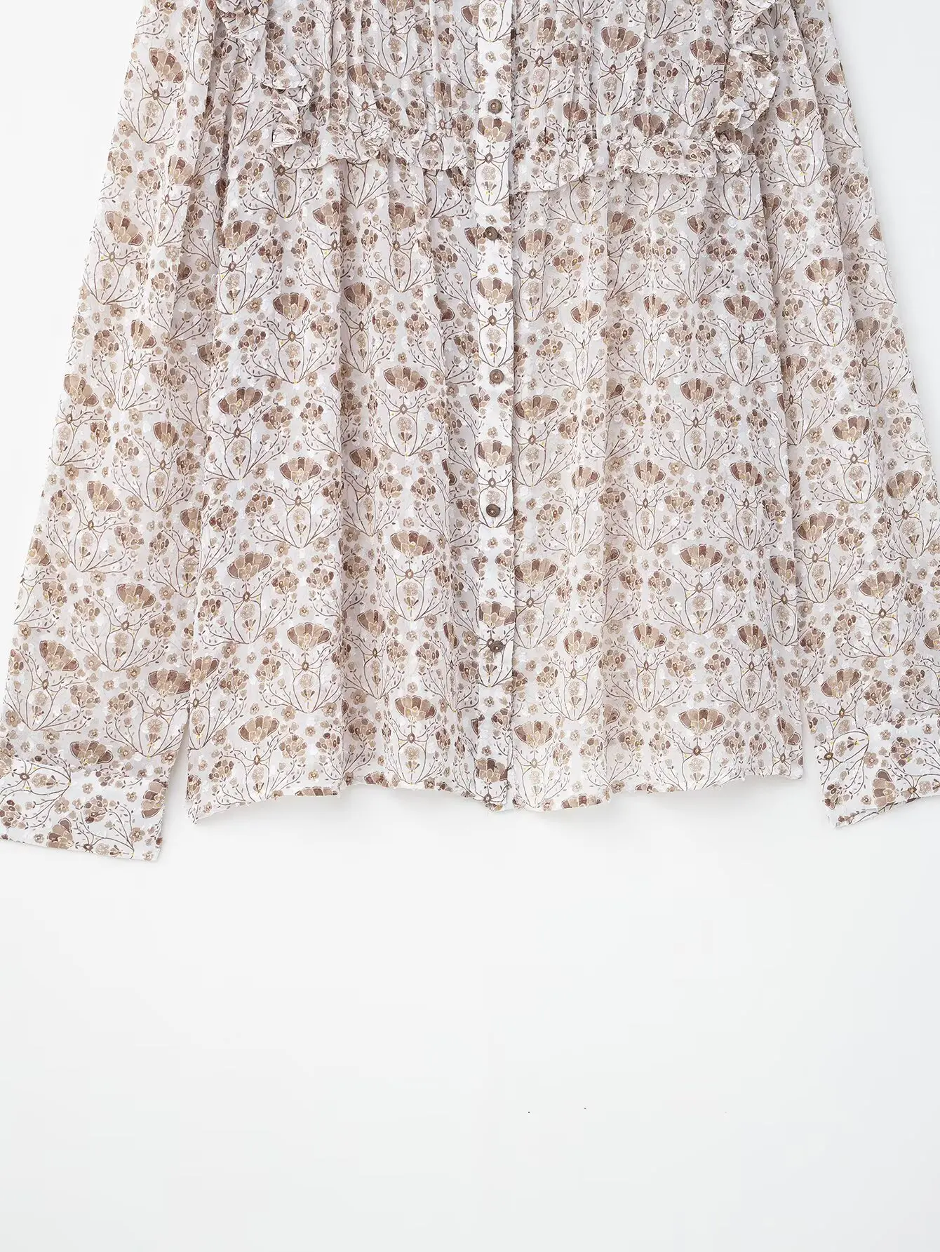 PB&ZA Damen-Langarmbluse mit Blumendruck, Rüschendetails und Knopfleiste vorne für einen femininen und schicken Look