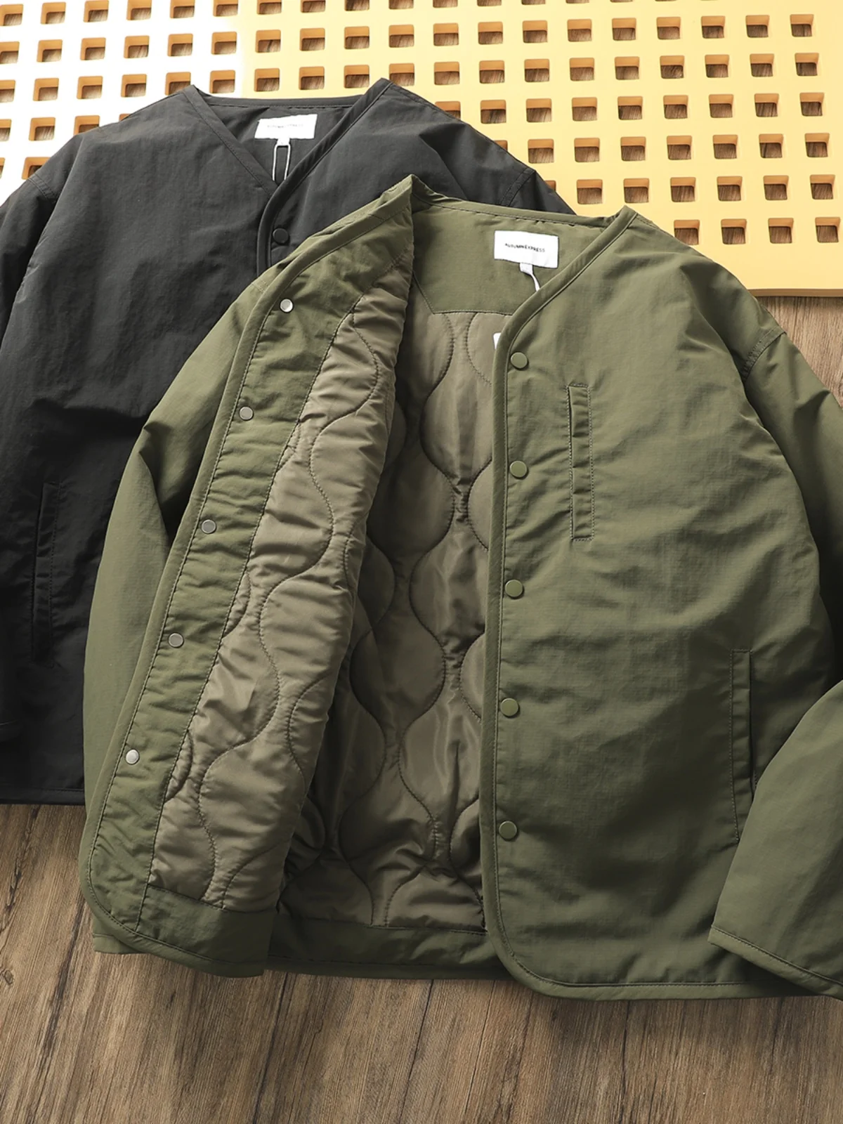 Retro Japanese Style Oversized Quilted Cotton Jacket Men's Neckless Diamond Pattern Cotton Coat Couple's Outerwear