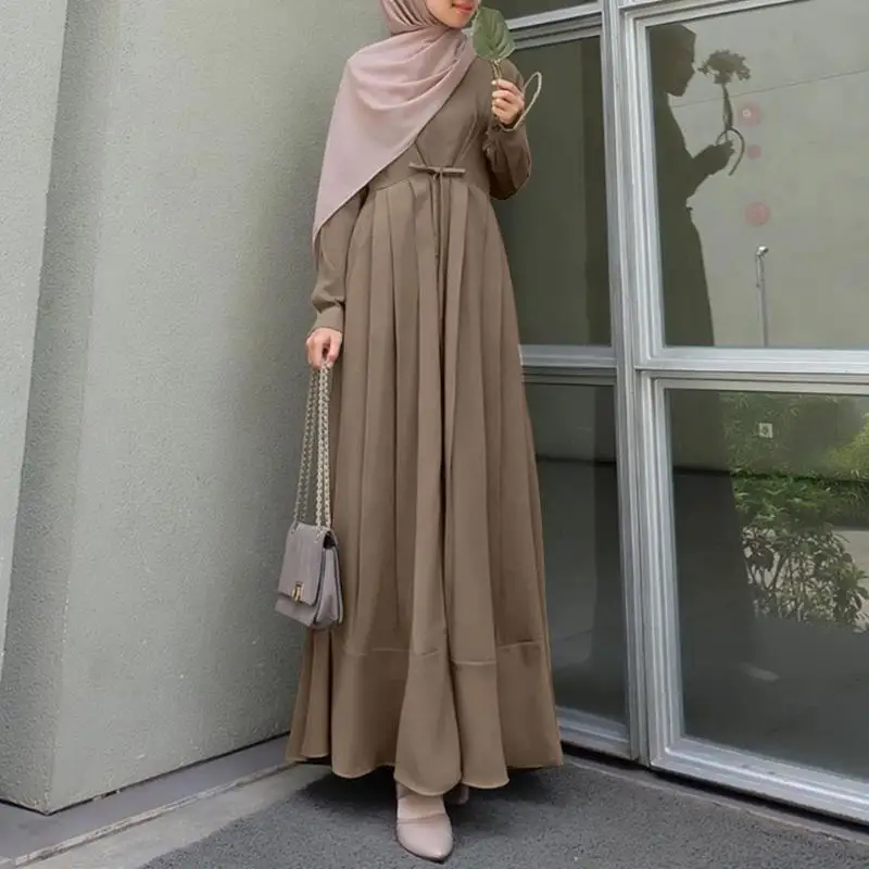 Ladies, Muslim style, Arabic style, solid color, round neck, long sleeved strap design, lotus leaf hem, when lining a dress