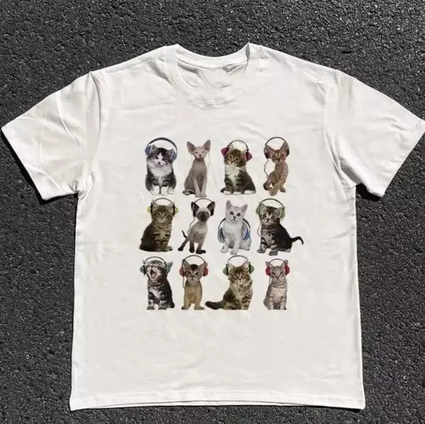 

Cats HeadPhone T-Shirt, Unisex Vintage Graphic Tees Gothic Grunge Y2k Emo Scene Amity Affliction Style Clothes Men Women