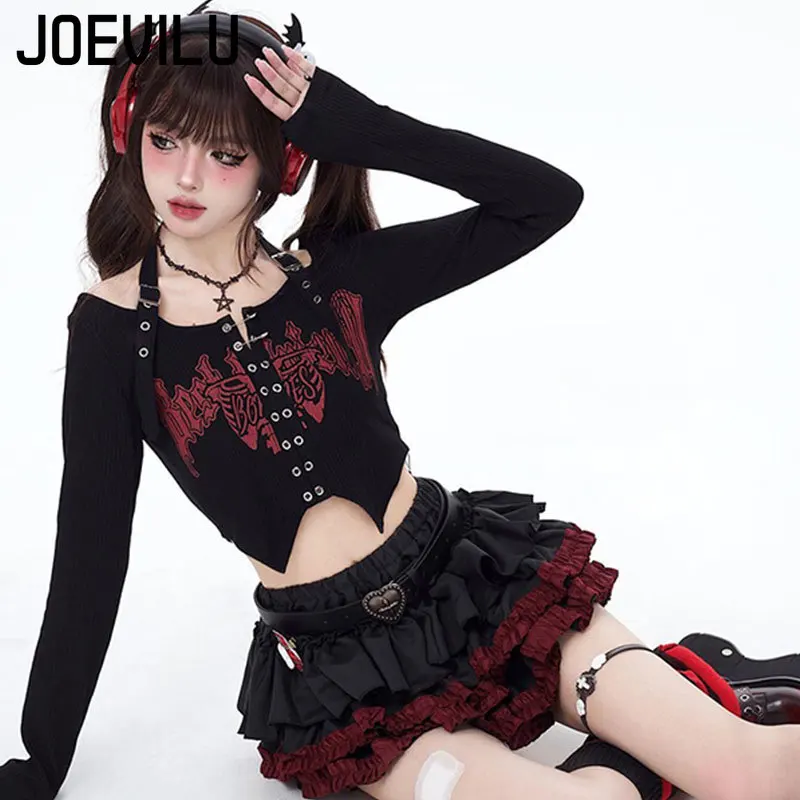 JOEVILU Punk Y2K Baddie Set Gonna torta slim fit scura Top corto con scollo all'americana e set da due pezzi Abito da donna di nicchia in stile coreano