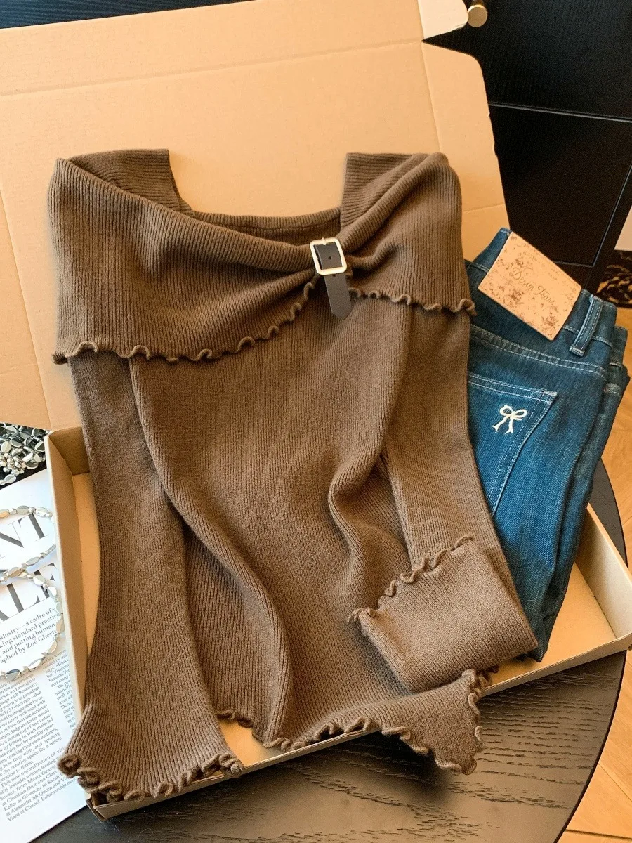 เสื้อถักไหมพรมสำหรับเด็กผู้หญิง ทรงปล่อยชายเสื้อไม่เท่ากัน คอเหลี่ยม ผูกโบว์ แขนยาวทรงบาน นุ่ม ระบายอากาศได้ดี หลายสี