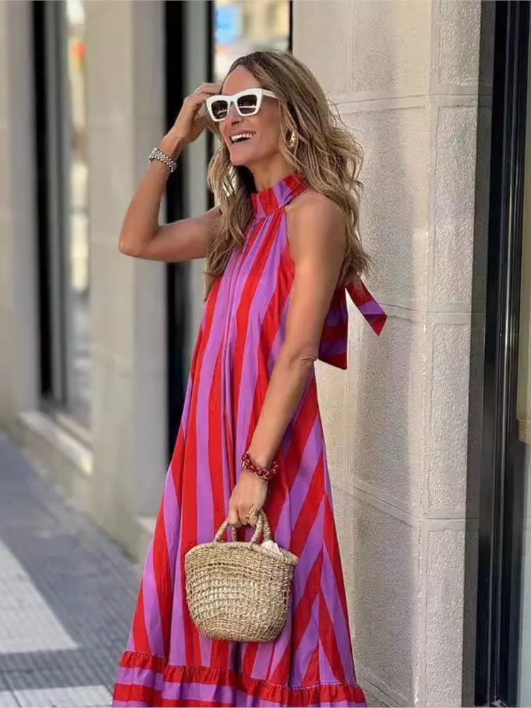 Stripe Print Halter Neck Long Dresses Women Fashion Backless Leace-up Casual Loose Vacation Style Dress Lady Commuting Vestidos