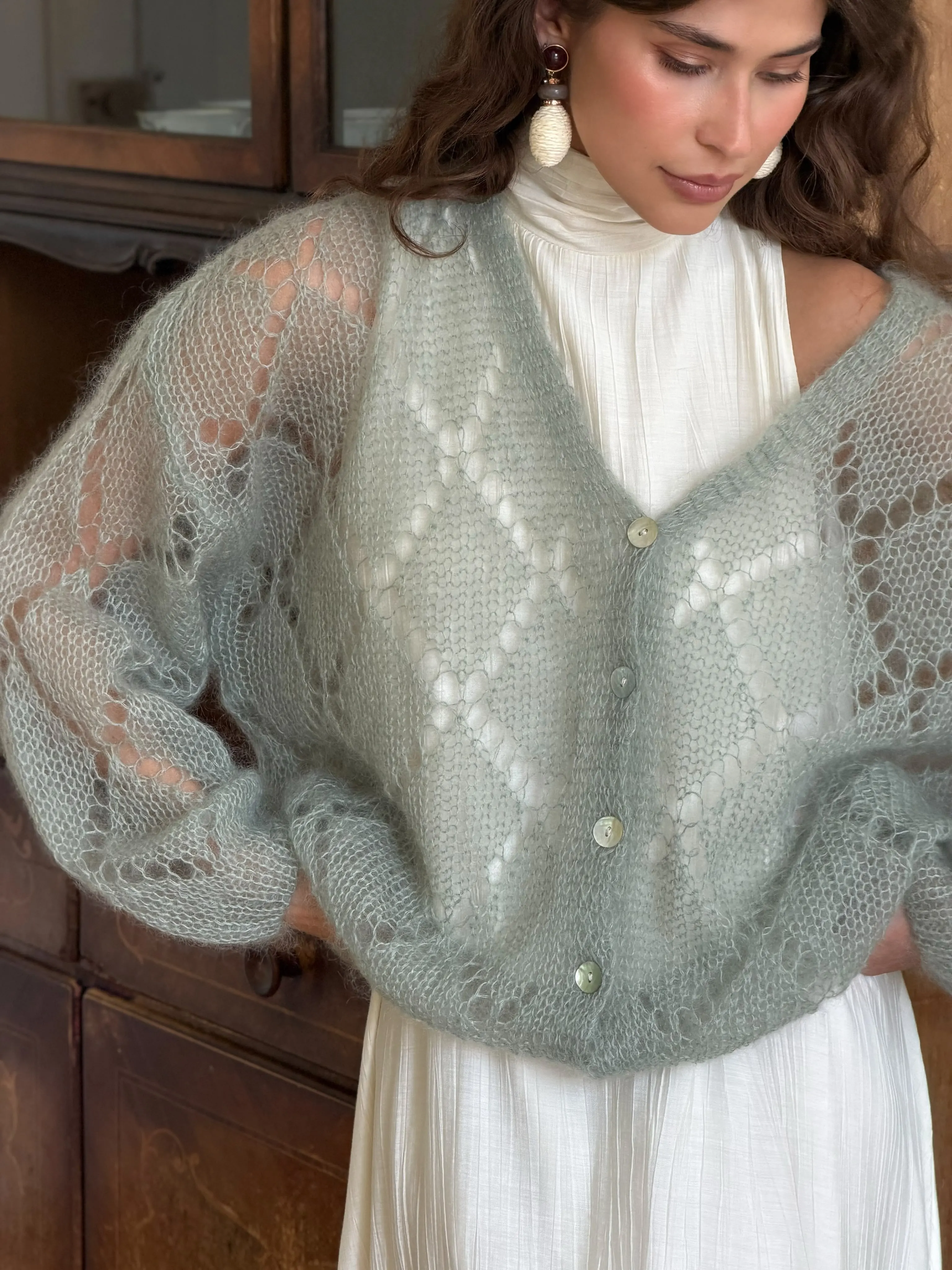 2026 New French Boho Mohair Knitted Cardigan for Women V Neck Loose Fit Long Sleeve Button Sheer Sweater Outerwear Cardigans view 4