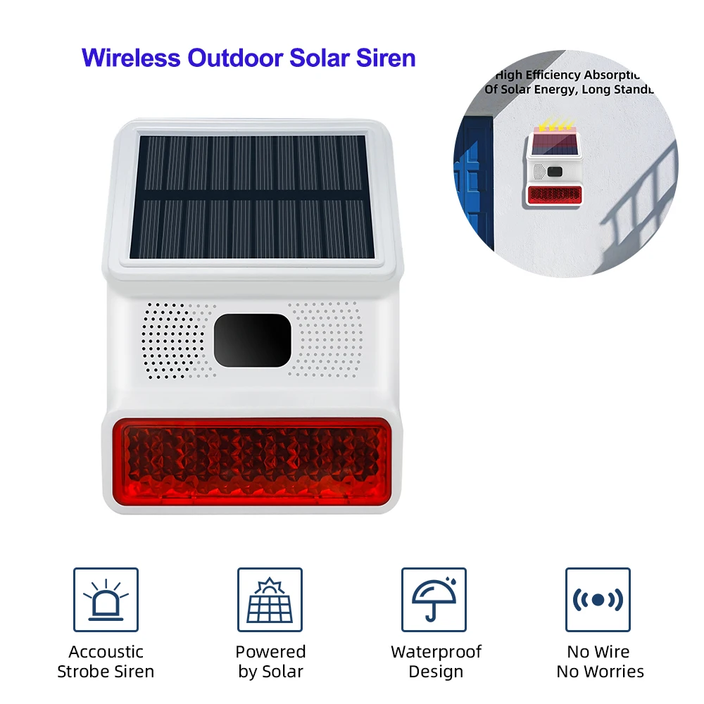 ACJ 433MHZ Wireless Outdoor Solar Alarm Horn Sound Light Flash Alarm Siren for Home Burglar Security Alarm System High Decibel