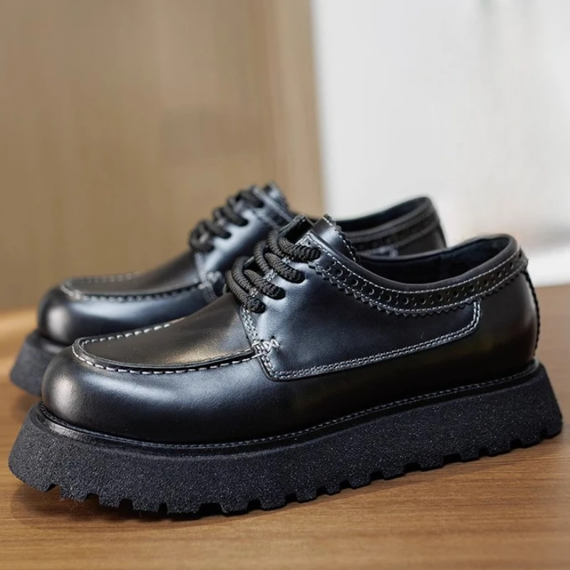 

Мужская обувь из натуральной кожи, европейская/американская повседневная обувь на толстой подошве с большим носком, мужская обувь из вощеной воловьей кожи, сшитая вручную