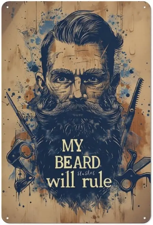 Cool Beard Barber Shop Salon Metal Tin Sign Vintage Sign My Beard Will Slashes Rule Haircut Metal Signs Wall Decor Posters for M