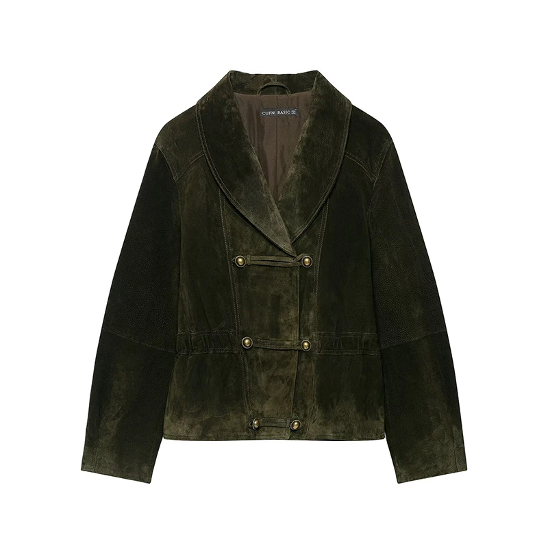 YENKYE Women Frog Fastening Faux Leather Jacket Lapel Collar Double Breasted Vintage Coat Autumn Winter Outerwear